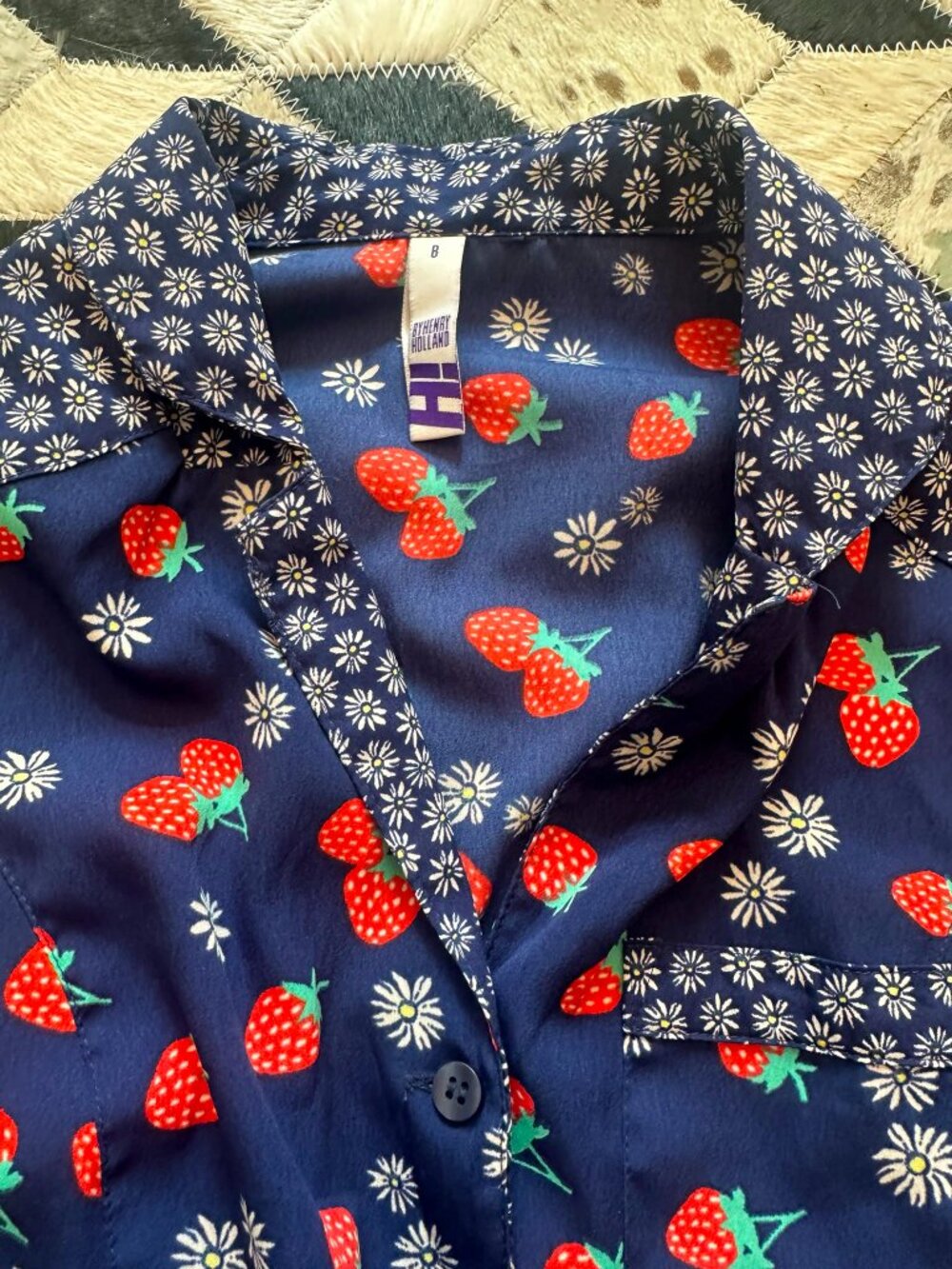 Vintage Retro Strawberry Print Midi Collared Dress Blue Daisy Cottagecore Summer - Picture 12 of 13